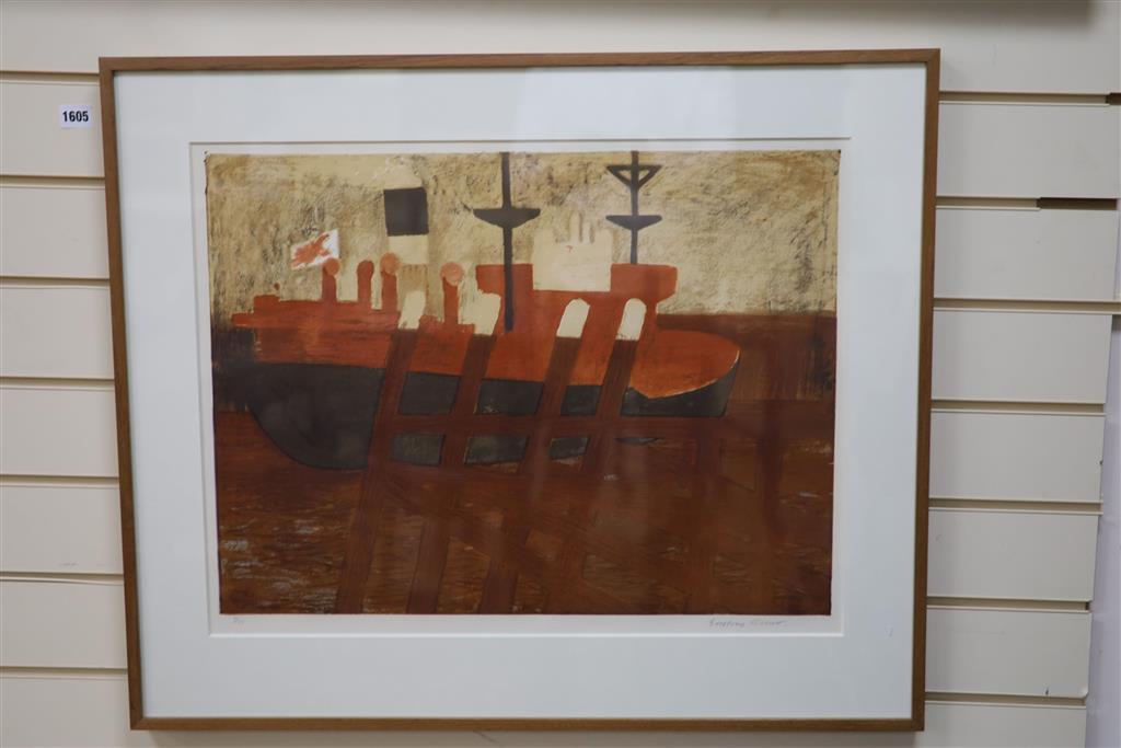 Geoffrey Elliott (1939-), limited edition print, Ship in harbour, signed in pencil, 16/20, 48 x 62cm
